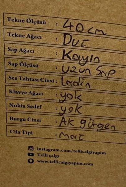 Uzun Sap Sade Model 40 Tekne Yaprak Dut Bağlama | Telli Çalgı Yapım